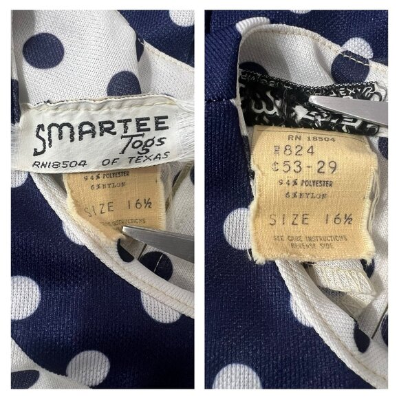 Vintage 60s 70s Mod Polka Dot Drop Waist Dress Sz M Navy Blue White Twiggy USA - Picture 8 of 8